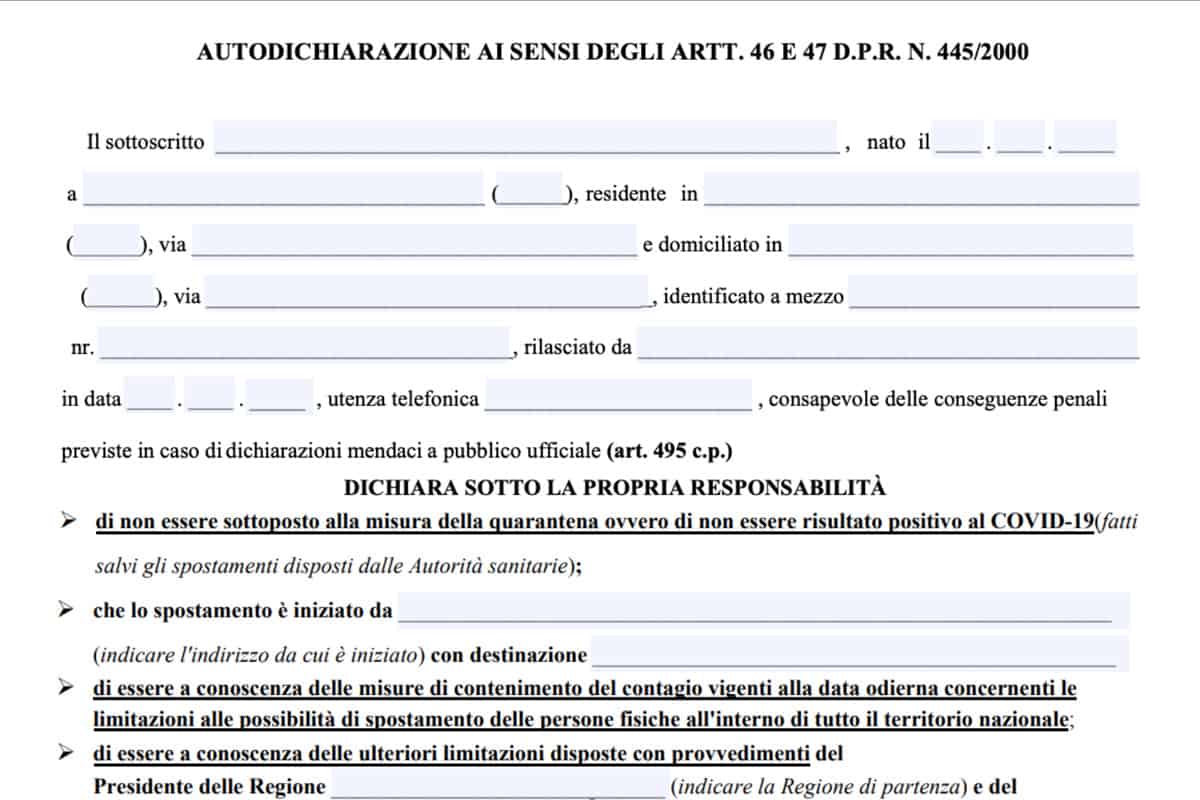 Nuova Autocertificazione 18 Maggio Il Modulo Per Spostarsi Tra Le Regioni Download Pdf